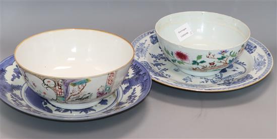 A group of 18th century Chinese export blue and white dishes and a Chinese famille rose bowl